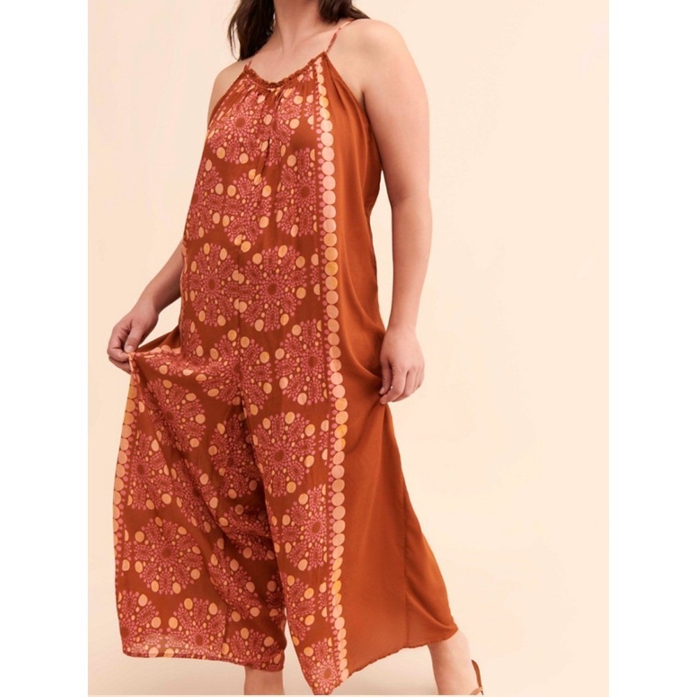 Anthropologie Wide Leg Jumpsuit Orange Pink Geometric Dot NWT 1X Plus New Boho